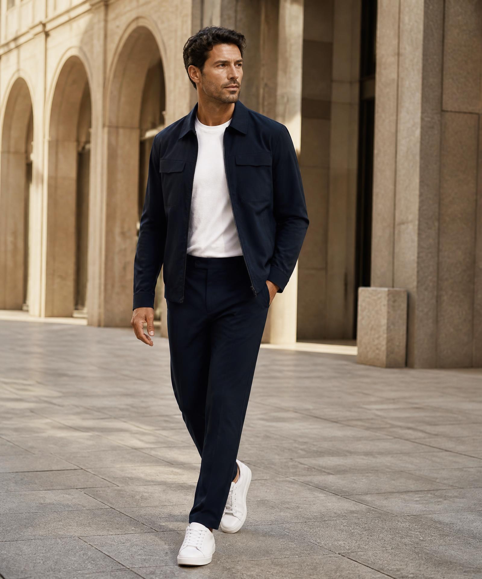 Man wearing the 1434 navy jacket and trouser set on a stone plaza